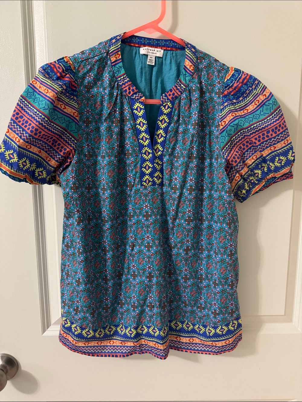 Current Air Teal Patterned Short Puff Sleeve Blouse